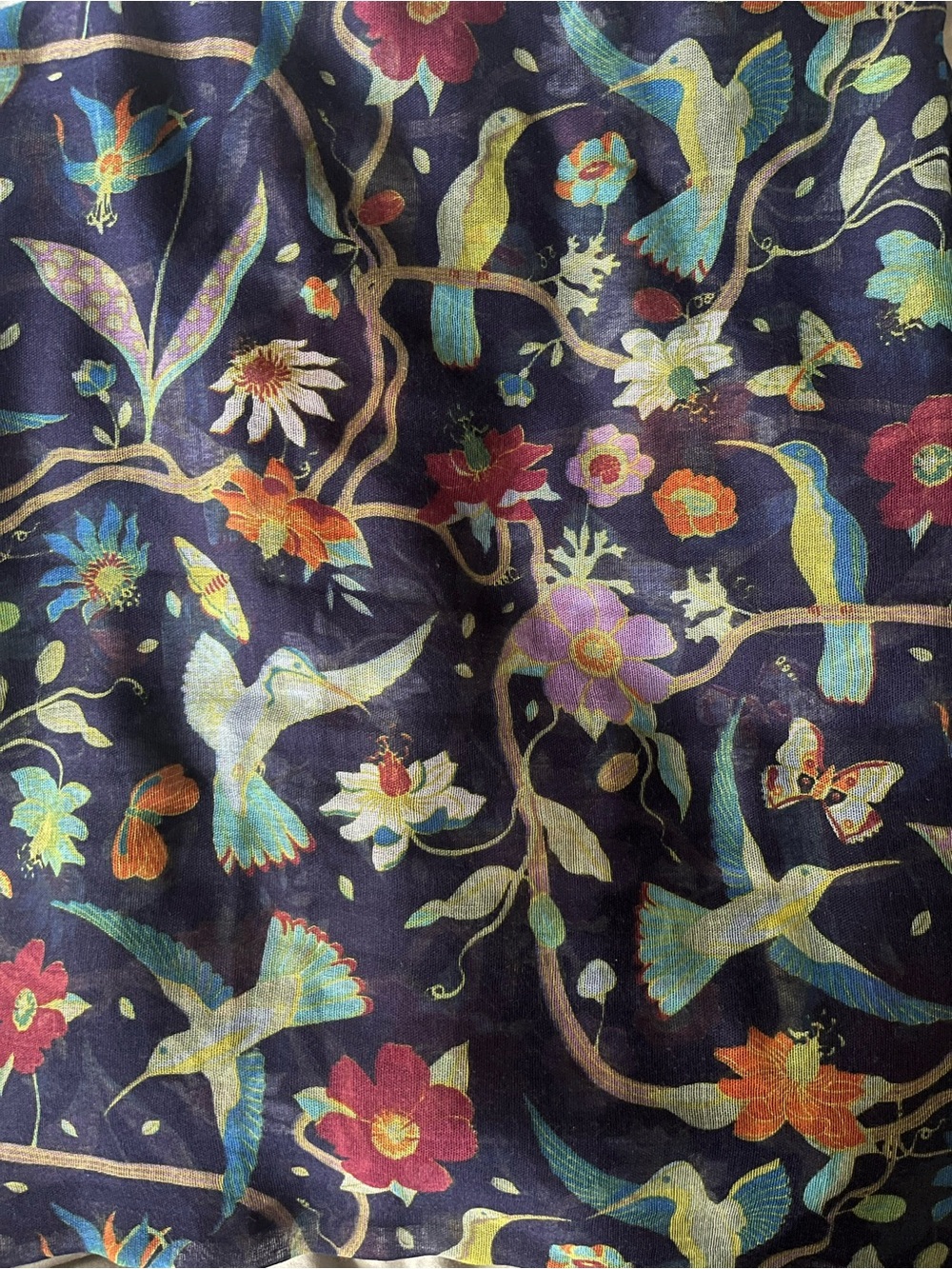 Floral Hummingbird Print Scarf in Navy with Multicolor Flowers, New